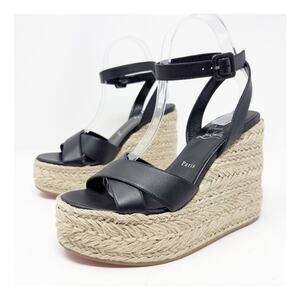 Christian Louboutin Mariza Zeppa Black Leather Wedge Sandal Womens Size EU 39